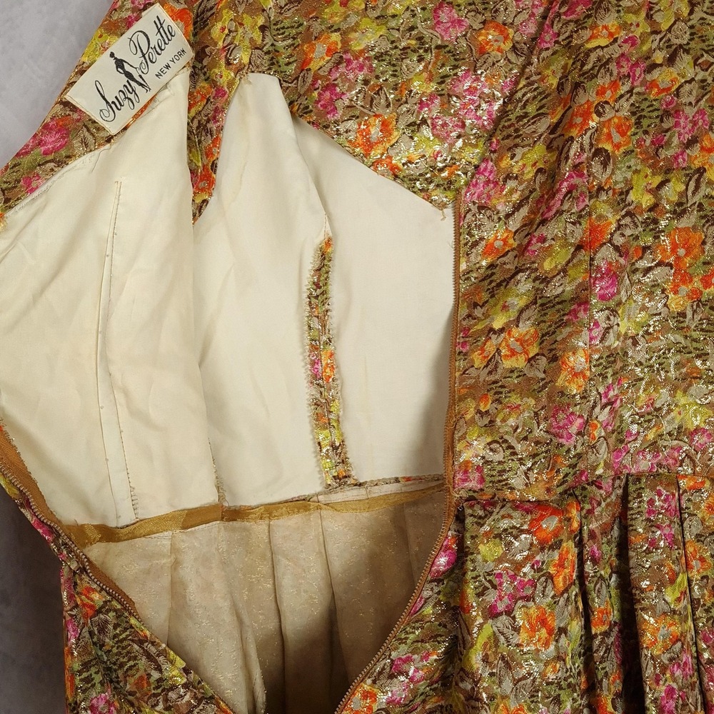 Vintage Suzy Perette Dress Womens Small Floral Metallic Jacquard Fit Flare 60s - Picture 10 of 16